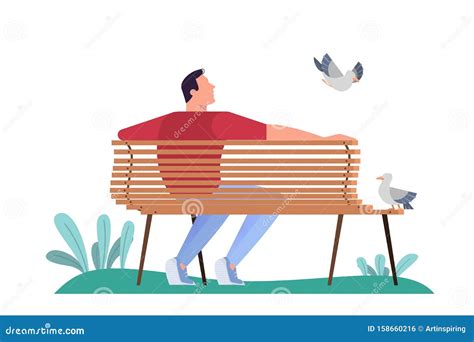 Man Sitting On The Bench In The Park Adult Male Character Stock Vector