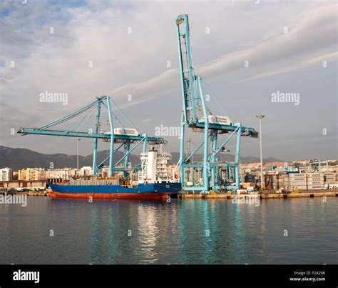 Large Cranes At APM Terminals Loading Container Ships Port At Algeciras