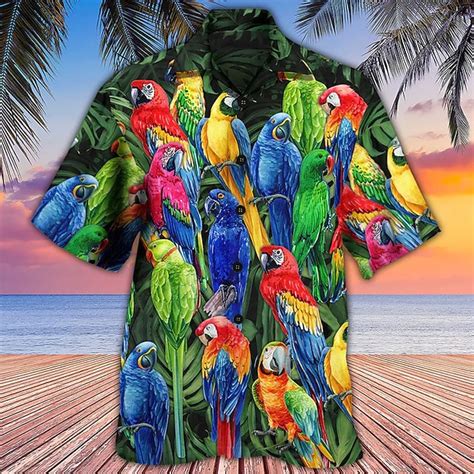 Mens Parrot Shirt Summer Hawaiian Shirt Camp Collar Shirt Short Sleeve