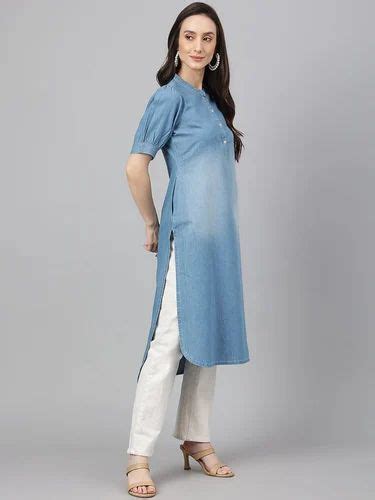 Janasya Women S Light Blue Denim Solid High Low Kurta At Rs Piece