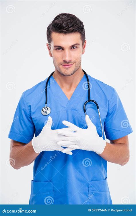 Smiling Male Doctor Standing In Medical Gloves Stock Photo Image Of