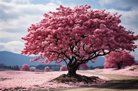 Decorative Spring Landscape With Single Lush Blooming Sakura Cherry