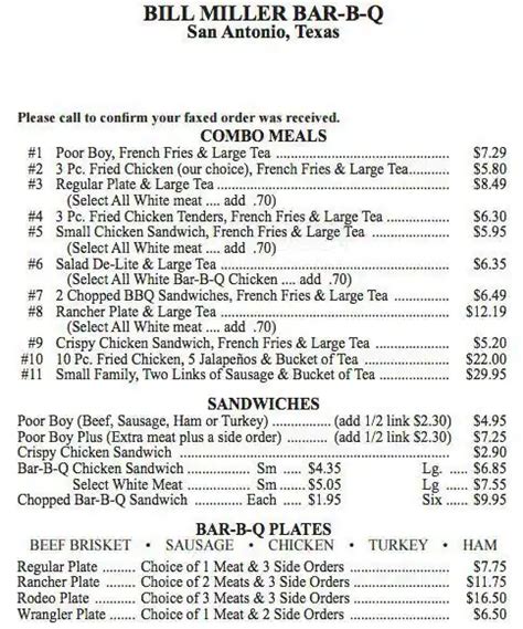 Menu at Bill Miller Bar-B-Q, San Antonio, 301 S Flores St