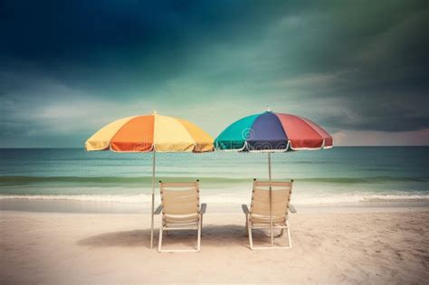 Beautiful Exotic Tropical Beach With Beach Chairs And Umbrellas Conceptual Summer Illustration