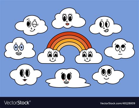 Retro cartoon clouds rainbow character Royalty Free Vector