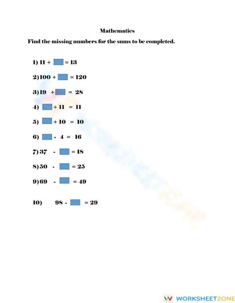 Computations With Missing Numbers Worksheet