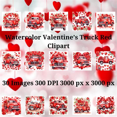 Watercolor Valentines Day Clipart Valentine Red Truck Valentine