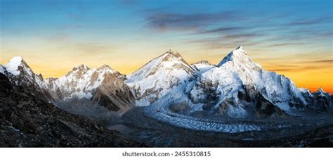 Panoramic View Mount Everest Lhotse Nuptse Stock Photo