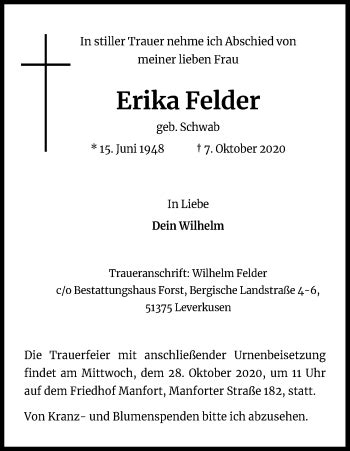 Traueranzeigen Von Erika Felder Wirtrauern