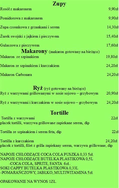 Menu at Tajemniczy Ogród restaurant Gliwice Zwycięstwa 52A