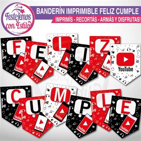 Youtube Banderín Imprimible Feliz cumple Festejemos con estilo