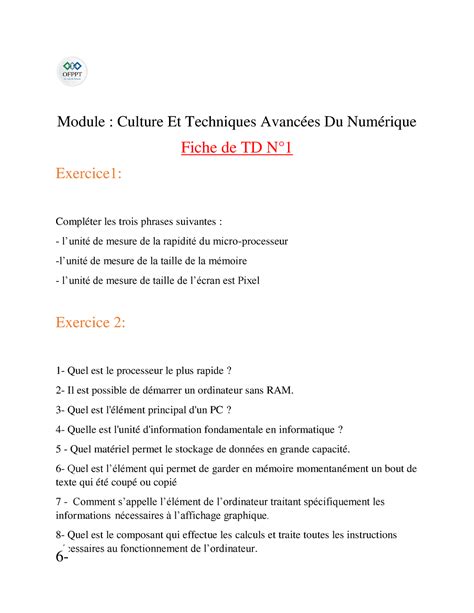 Fiche De Td N Culture Et Techniques Avanc Es Du Num Rique Module