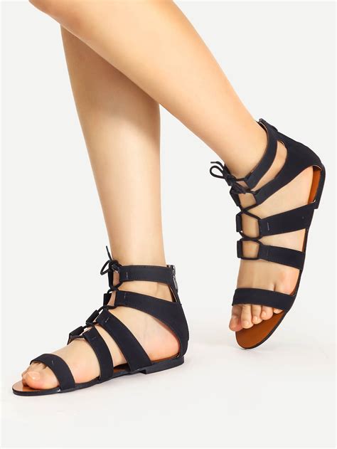 Lace Up Gladiator Flat Sandals Sheinsheinside