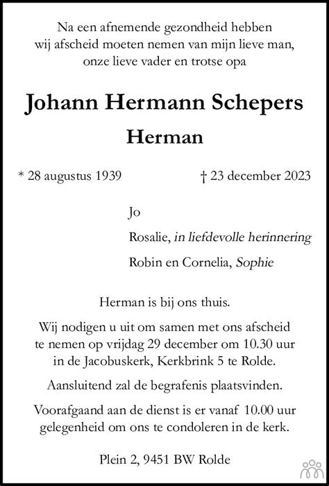 Johann Hermann Herman Schepers Overlijdensbericht En