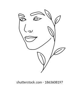 Woman Face Leaves Continuous Line Drawing Stock Vector Royalty Free