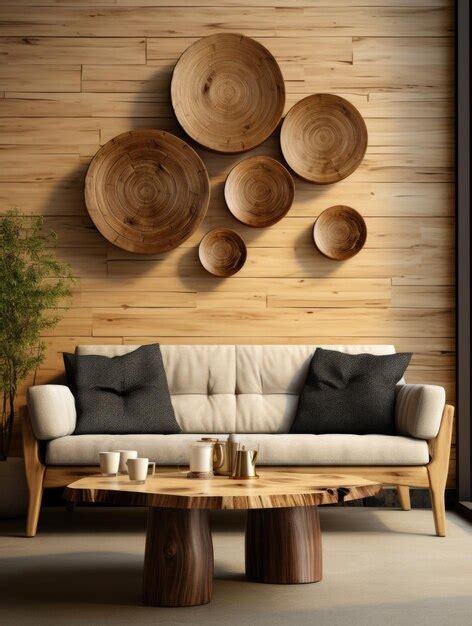 Premium Photo | Rustic loveseat sofa and round wooden wall decor ...