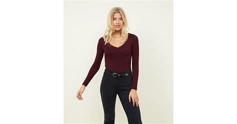 Burgundy V Neck Long Sleeve Bodysuit New Look