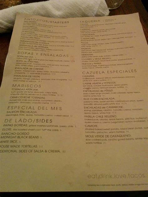 Menu at Zona Rosa restaurant, San Jose