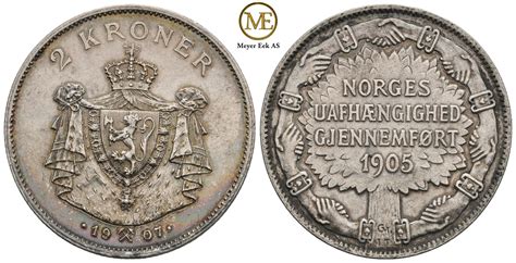 Meyer Eek Auksjon 2 Kroner 1907 Jub Haakon VII Kv 01