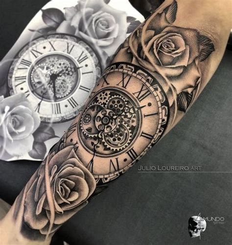 Clock And Rose Tattoo Sleeve