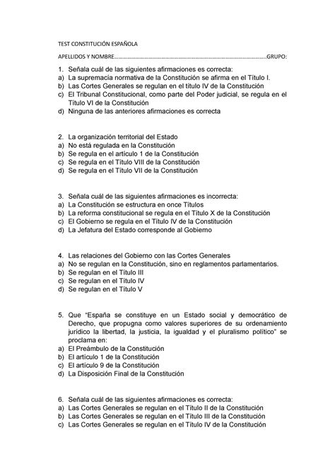 Tipo Test 1 Ejemplos Tipo Test Examen Test ConstituciÓn EspaÑola