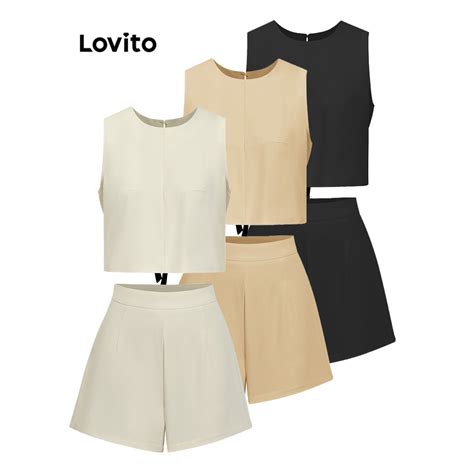 Lovito Women Casual Plain Bow Back Lace Up Shorts Sets L77ED396