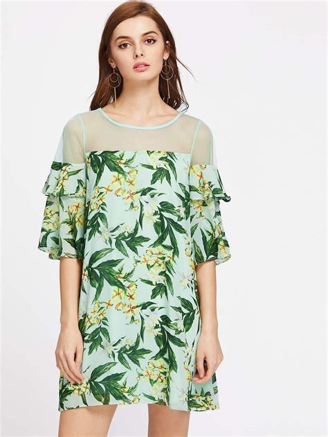 Palm Leaf Print Sheer Shoulder Ruffle Sleeve Dress SheIn Sheinside