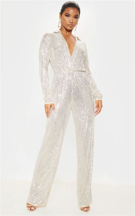 Silver Sequin Collar Detail Long Sleeve Jumpsuit In 2020 Jumpsuits