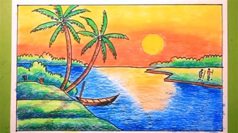 Sunset Scenery Sunset Drawing Easy Pencil - How to draw sea beach ...