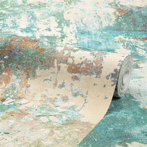 Patina Concrete Effect Wallpaper In Teal Ochre In 2022 Living Area