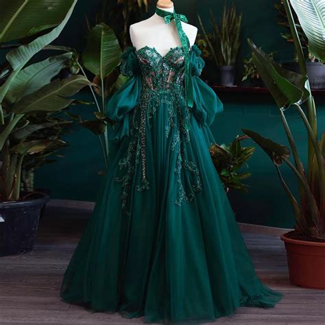 Sweetheart Dark Green Long Bubble Sleeve A Line Prom Dress Applique