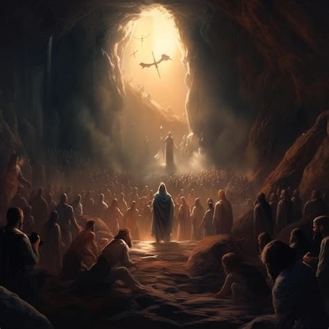 Premium AI Image | A painting of a cave with a man standing in front of a cross that says'the ...