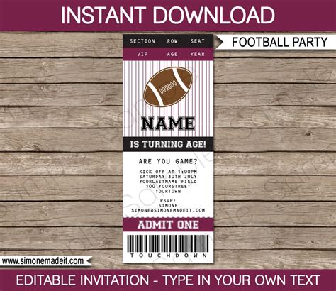 Football Ticket Invitation Template Birthday Party, Tailgate, Team Ticket Invite Maroon Black ...