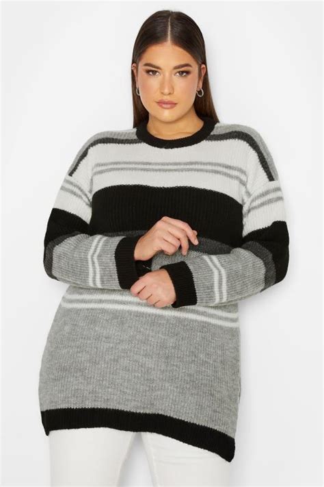 Yours Luxury Plus Size Grey Stripe Longline Jumper Yours Clothing