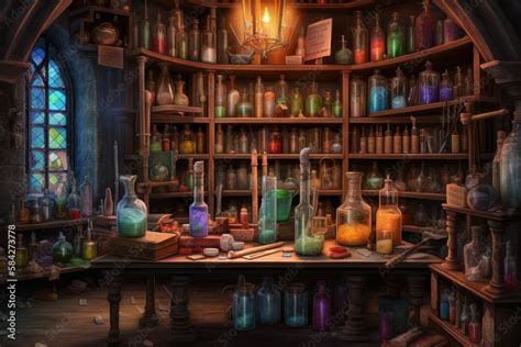 Inside Alchemist S Study Or Apothecary Shop With Various Vials And