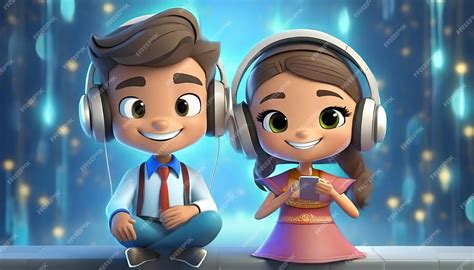 Premium Photo | Couple cartoon characters listening to music