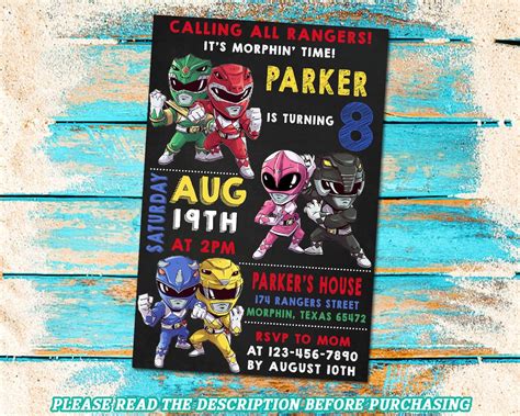 Power Rangers Birthday Invitation Power Rangers Invitation Etsy