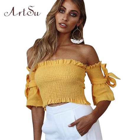 Artsu Sexy Off Shoulder Tshirt Ruched Crop Top Tees Fashion Ruffle Half Sleeve Women T Shirt