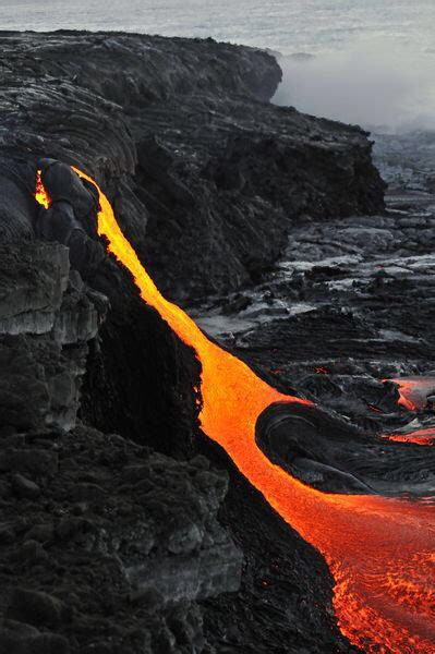 River Of Molten Lava Flowing To The Sea Kilauea Volcano Hawaii