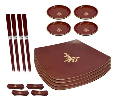 Kit Jogo Oriental Pessoas Molheira Sushi Prato Vermelho