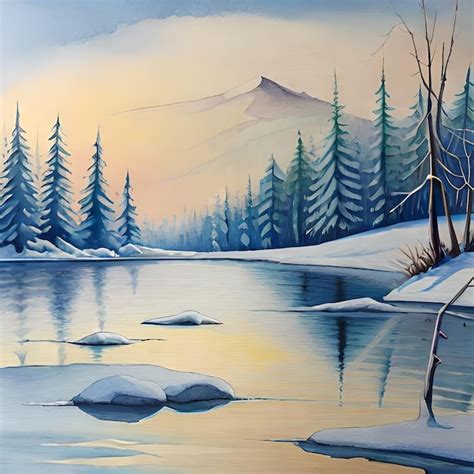 Premium AI Image | A painting of a snowy landscape with a mountain in the background.