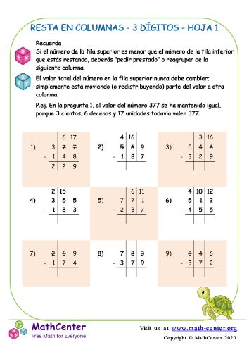 Resta En Columna D Gitos Hoja Hojas De Trabajo Math Center