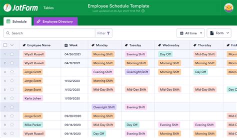 Employee Schedule Template | JotForm Tables