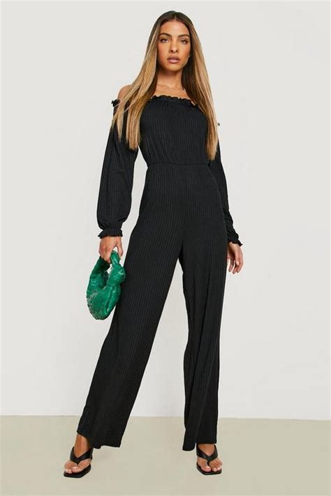 Rib Off The Shoulder Wide Leg Jumpsuit Boohoo