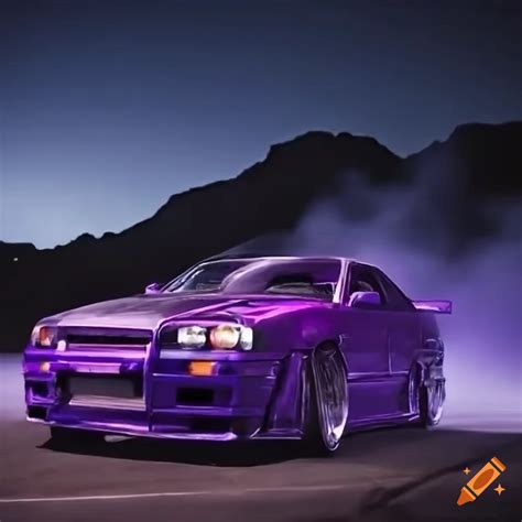 Midnight Purple R34 Skyline Gtr Drifting On Japanese Touge At Night In