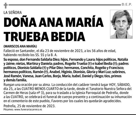 DOÑA ANA MARÍA TRUEBA BEDIA Esquela Necrológica El Diario Montañés