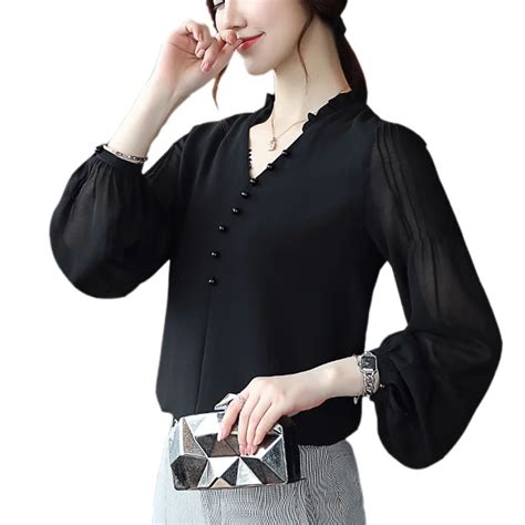 Formal Office Lady Elegant Black Chiffon Blouse Women 2018 Autumn