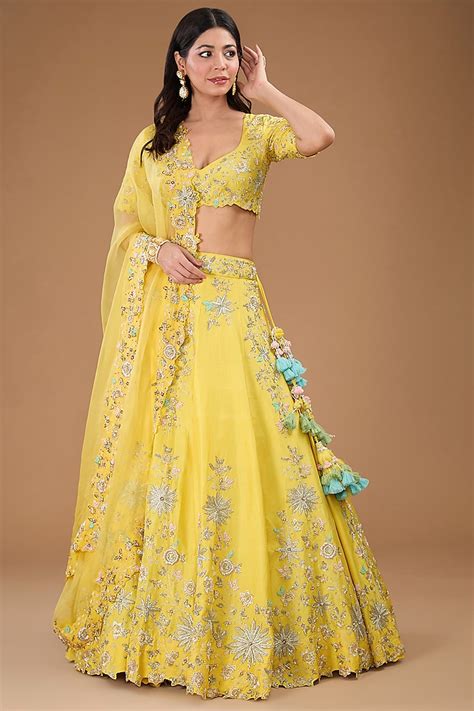 Yellow Katan Silk Thread And Metallic Hand Embroidered Bridal Lehenga Set