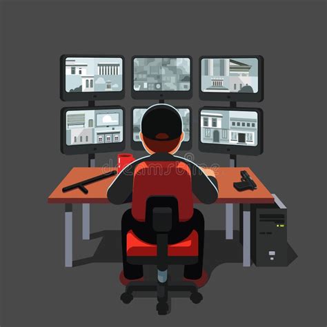 Watchman Sitting At Security Room Monitoring Video Stock Vector