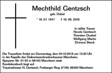 Traueranzeigen Von Mechthild Gentzsch Vrm Trauer De